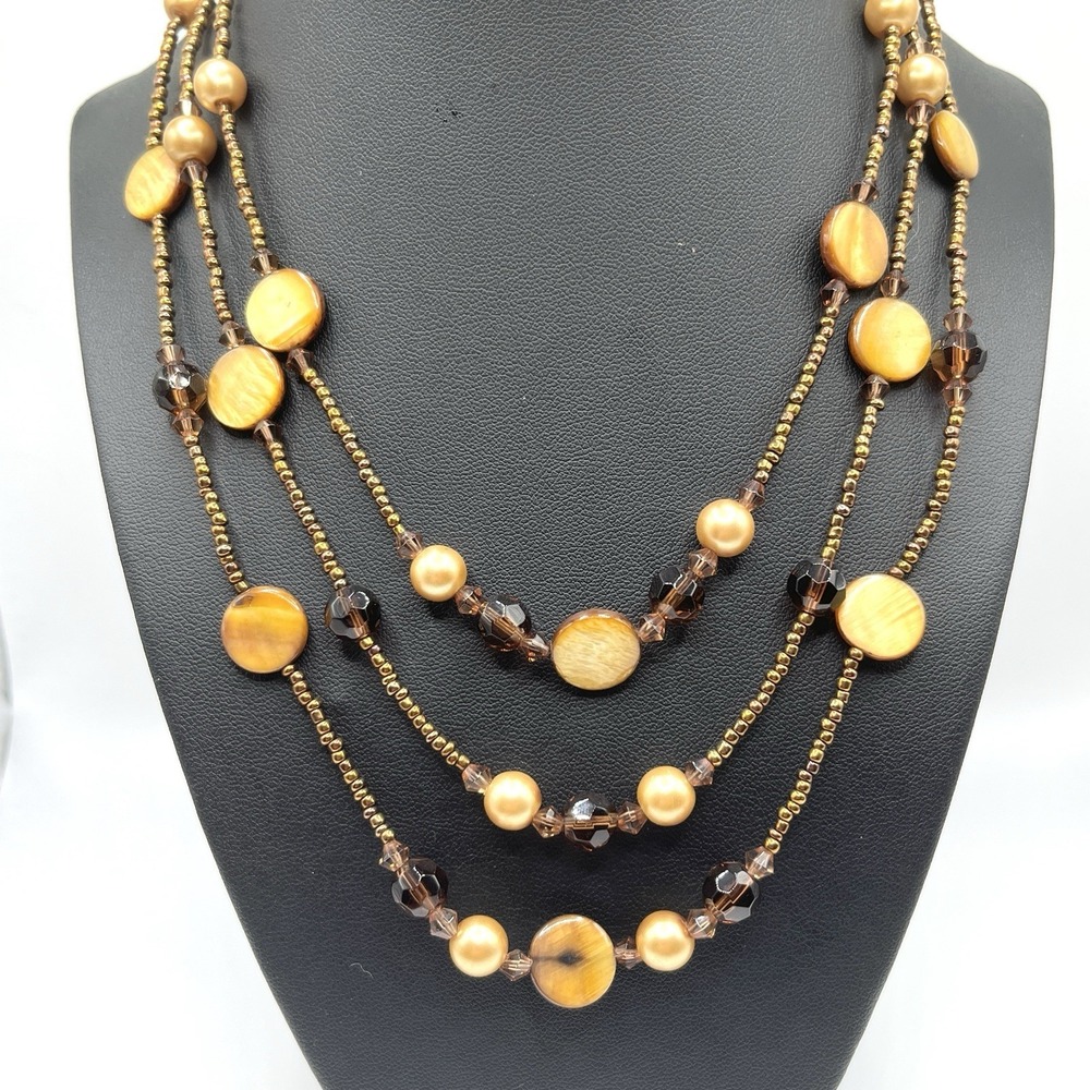Golden Yellow Brown Mother of Pearl Seed Bead 3 Multi Strand Necklace 18"
